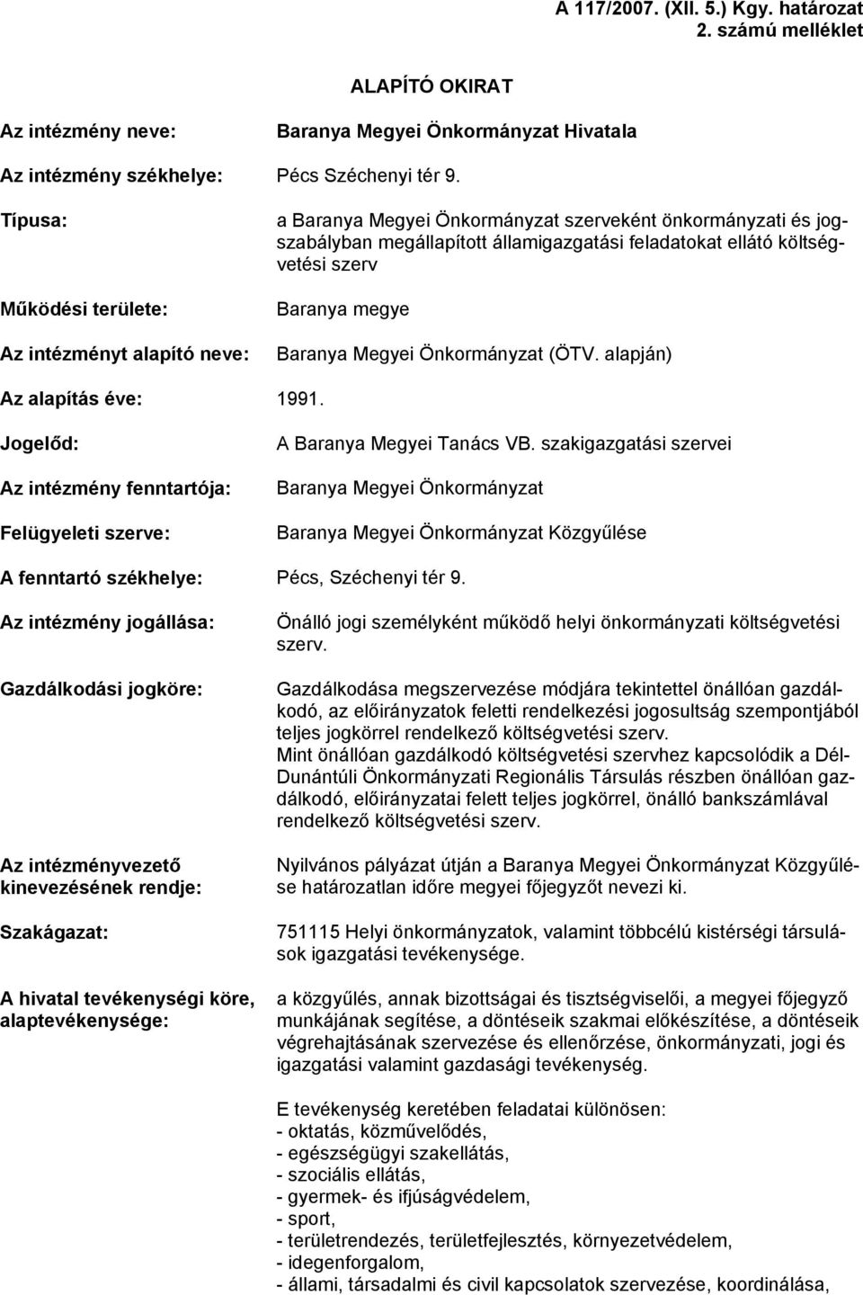 Baranya megye Baranya Megyei Önkormányzat (ÖTV. alapján) Az alapítás éve: 99. Jogelőd: Az intézmény fenntartója: Felügyeleti szerve: A Baranya Megyei Tanács VB.