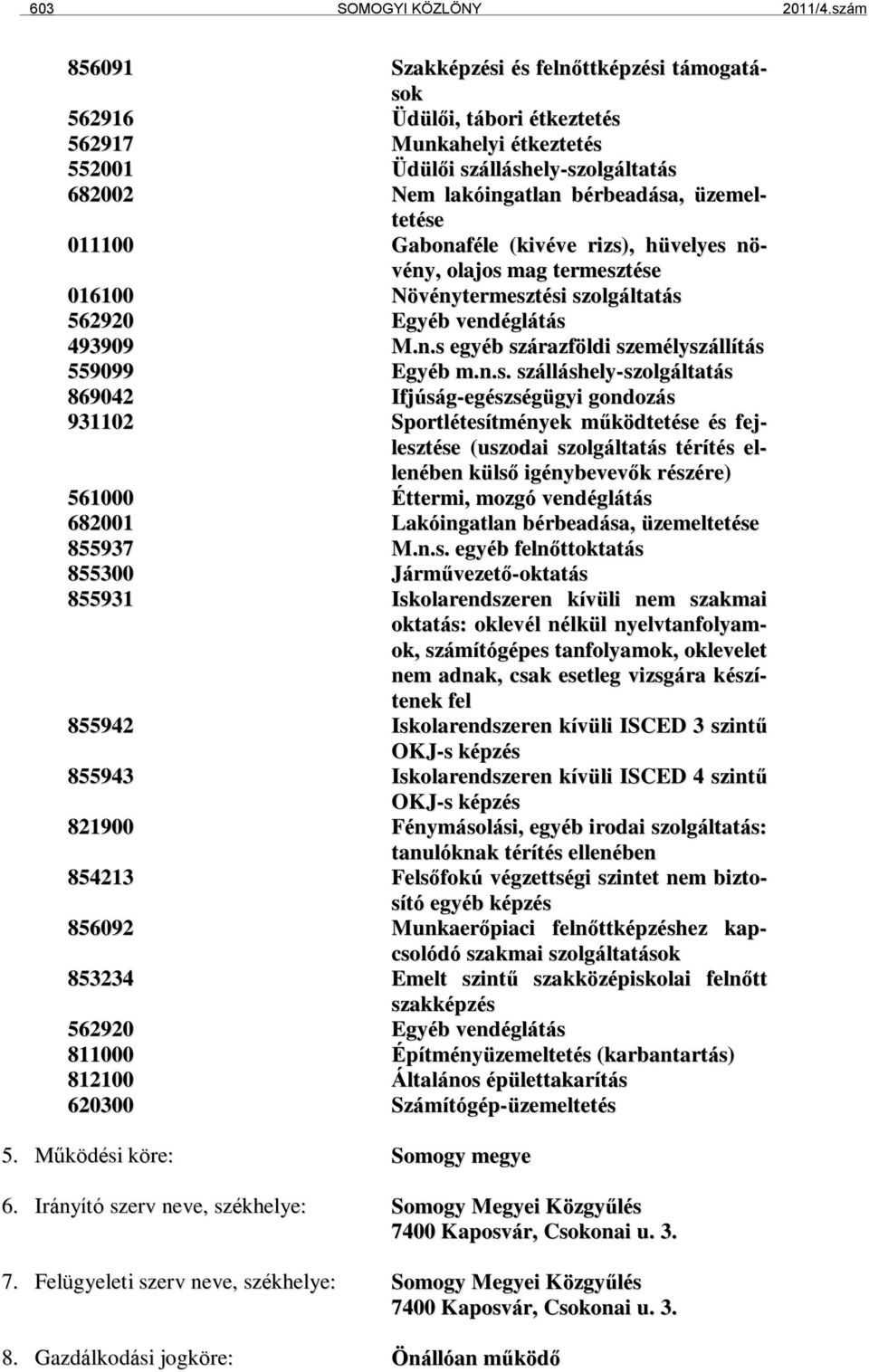 üzemeltetése 011100 Gabonaféle (kivéve rizs), hüvelyes növény, olajos mag termesztése 016100 Növénytermesztési szolgáltatás 562920 Egyéb vendéglátás 493909 M.n.s egyéb szárazföldi személyszállítás 559099 Egyéb m.