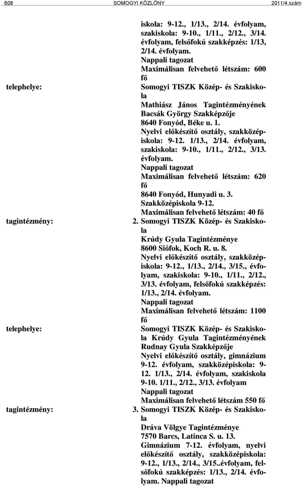 Nappali tagozat Maximálisan felvehető létszám: 600 fő Somogyi TISZK Közép- és Szakiskola Mathiász János Tagintézményének Bacsák György Szakképzője 8640 Fonyód, Béke u. 1.