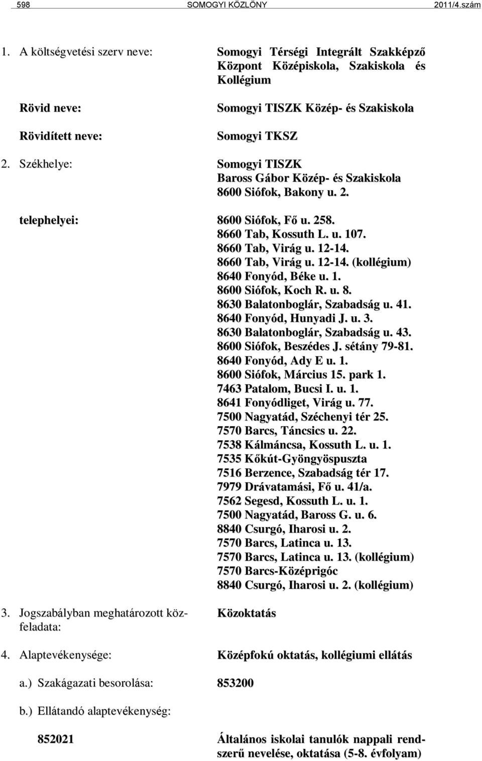 Székhelye: Somogyi TISZK Baross Gábor Közép- és Szakiskola 8600 Siófok, Bakony u. 2. telephelyei: 8600 Siófok, Fő u. 258. 8660 Tab, Kossuth L. u. 107. 8660 Tab, Virág u. 12-14.