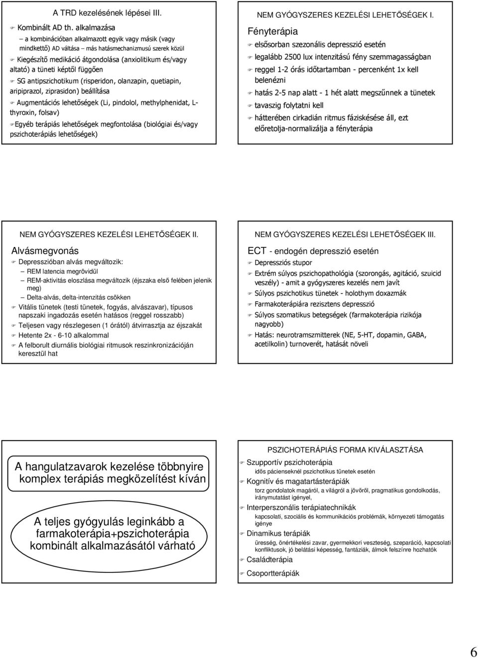 függıen SG antipszichotikum (risperidon, olanzapin, quetiapin, aripiprazol, ziprasidon) beállítása Augmentációs lehetıségek (Li, pindolol, methylphenidat, L- thyroxin, folsav) Egyéb terápiás