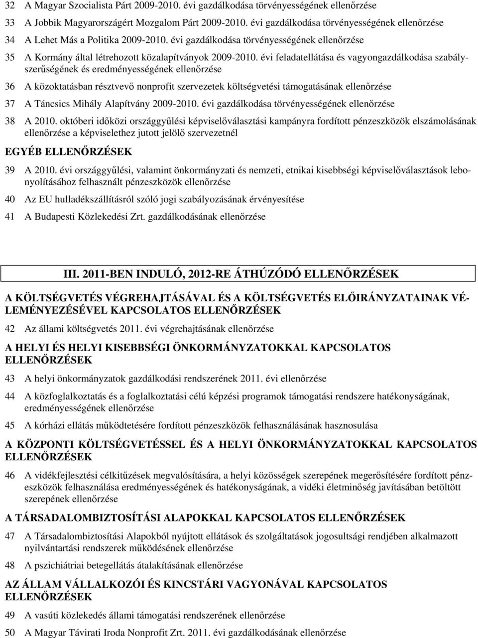 évi feladatellátása és vagyongazdálkodása szabályszerűségének és eredményességének ellenőrzése 36 A közoktatásban résztvevő nonprofit szervezetek költségvetési támogatásának ellenőrzése 37 A Táncsics