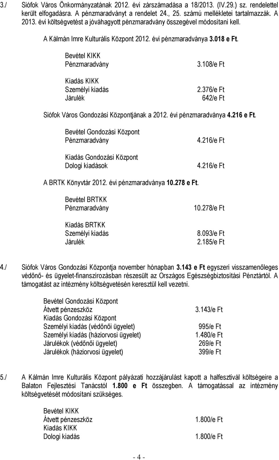 Bevétel KIKK Pénzmaradvány Kiadás KIKK Személyi kiadás Járulék 3.108/e Ft 2.376/e Ft 642/e Ft Siófok Város Gondozási Központjának a 2012. évi pénzmaradványa 4.216 e Ft.