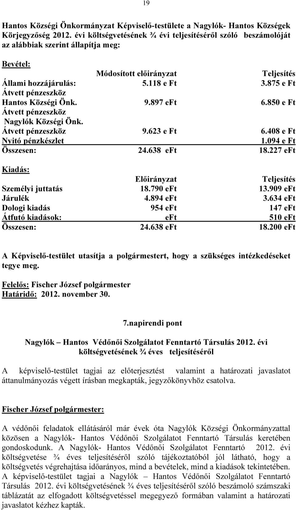 875 e Ft Átvett pénzeszköz Hantos Községi Önk. 9.897 eft 6.850 e Ft Átvett pénzeszköz Nagylók Községi Önk. Átvett pénzeszköz 9.623 e Ft 6.408 e Ft Nyitó pénzkészlet 1.094 e Ft Összesen: 24.638 eft 18.