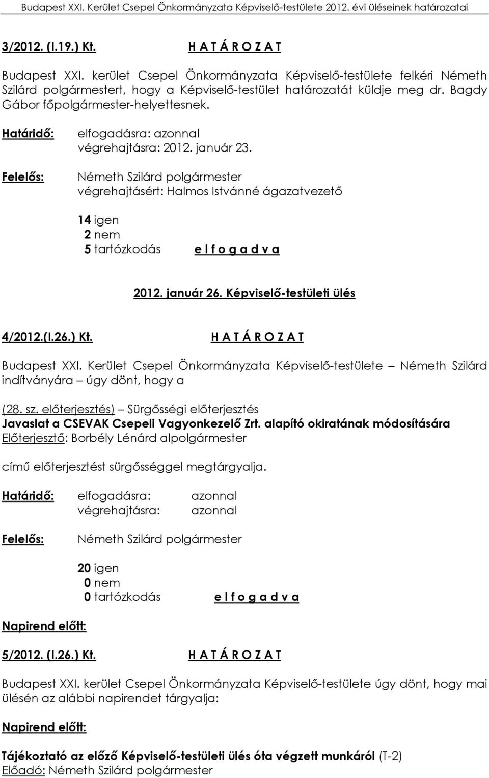 január 26. Képviselő-testületi ülés 4/2012.(I.26.) Kt. H A T Á R O Z A T Budapest XXI. Kerület Csepel Önkormányzata Képviselő-testülete Németh Szilárd indítványára úgy dönt, hogy a (28. sz.