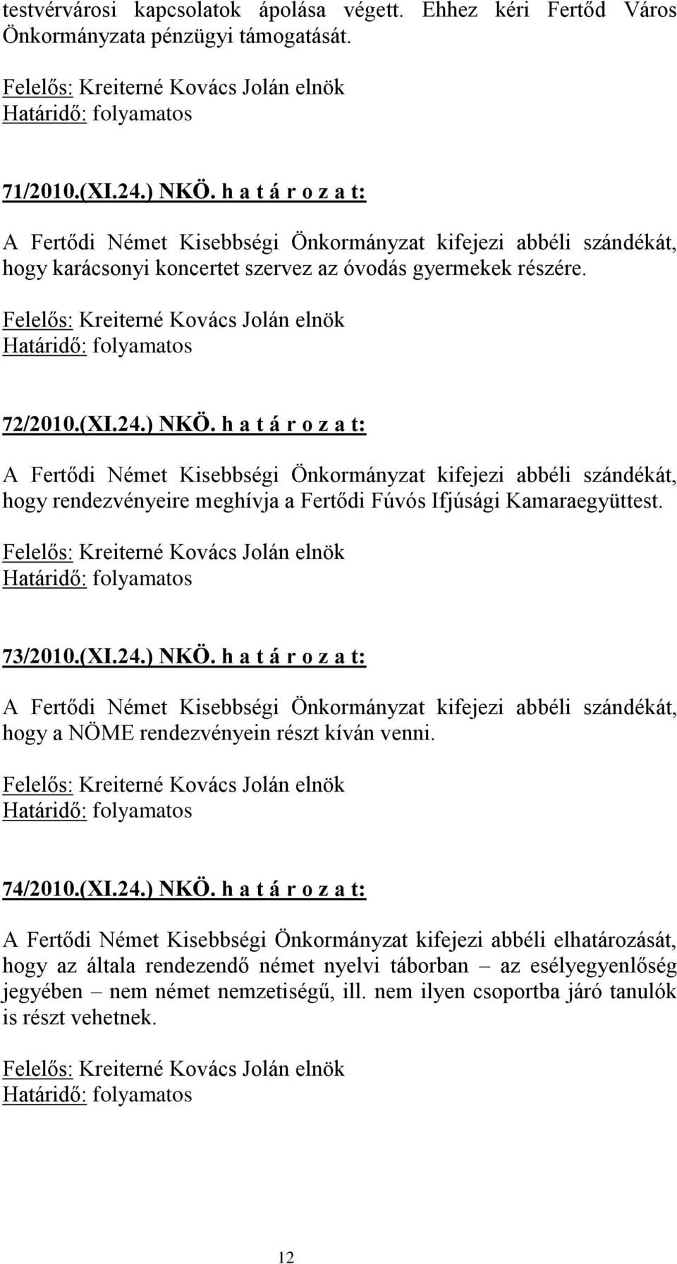 h a t á r o z a t: hogy rendezvényeire meghívja a Fertődi Fúvós Ifjúsági Kamaraegyüttest. 73/2010.(XI.24.) NKÖ.