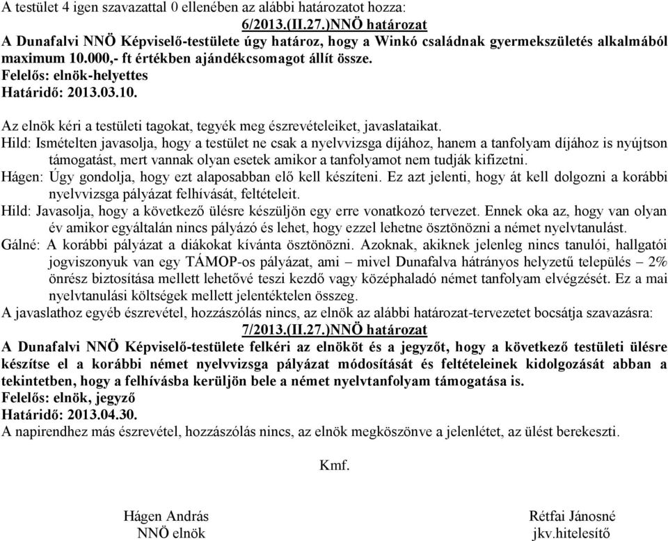 Felelős: elnök-helyettes Határidő: 2013.03.10. Az elnök kéri a testületi tagokat, tegyék meg észrevételeiket, javaslataikat.