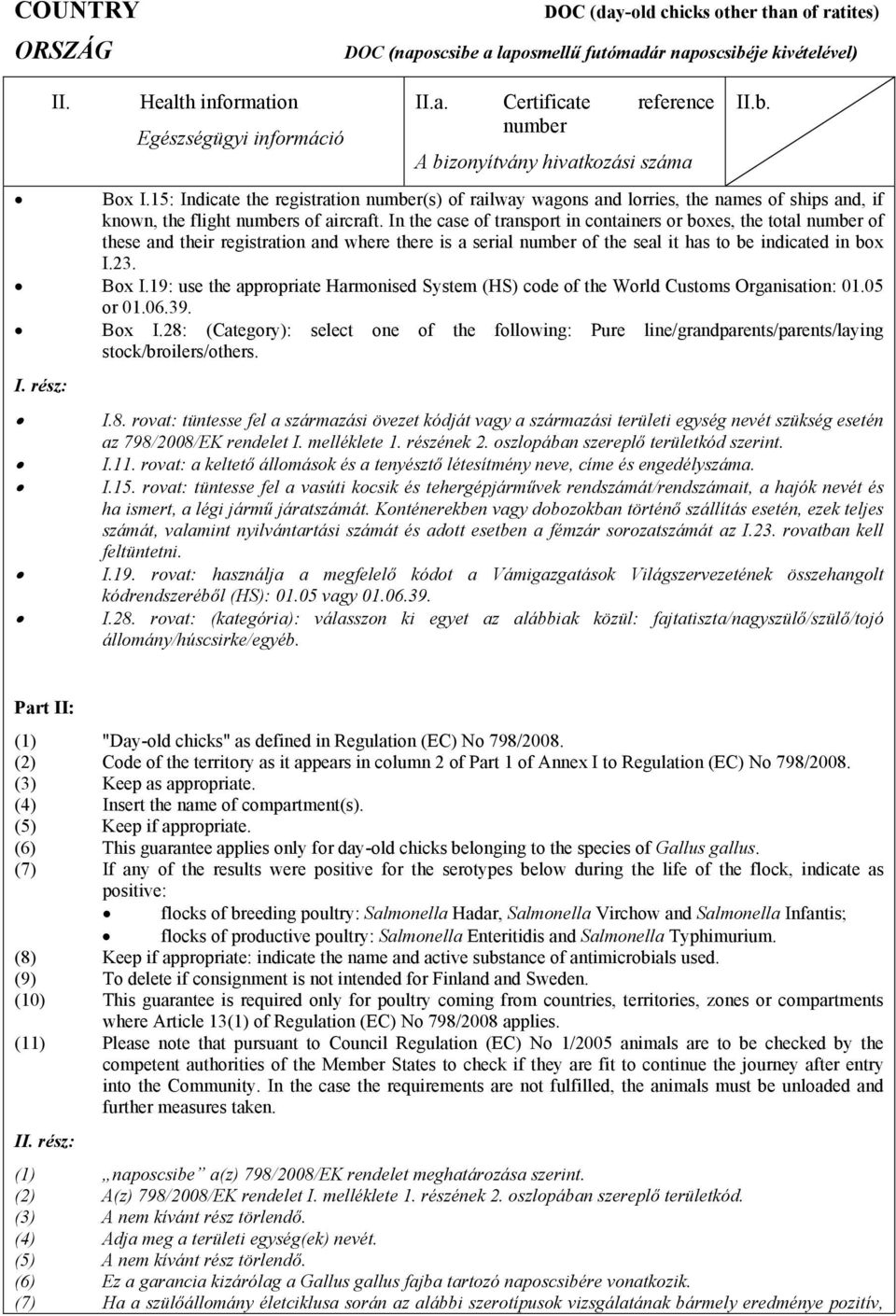 19: use the appropriate Harmonised System (HS) code of the World Customs Organisation: 01.05 or 01.06.39. Box I.