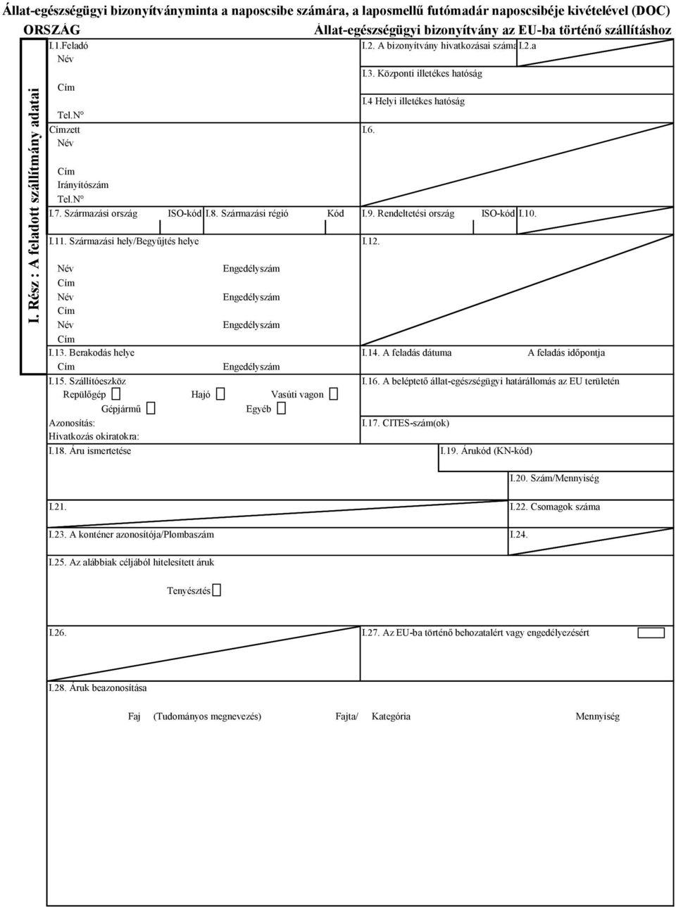 4 Helyi illetékes hatóság Irányítószám Tel.N I.7. Származási ország ISO-kód I.8. Származási régió Kód I.9. Rendeltetési ország ISO-kód I.10. Név Engedélyszám Név Engedélyszám Név Engedélyszám I.13.