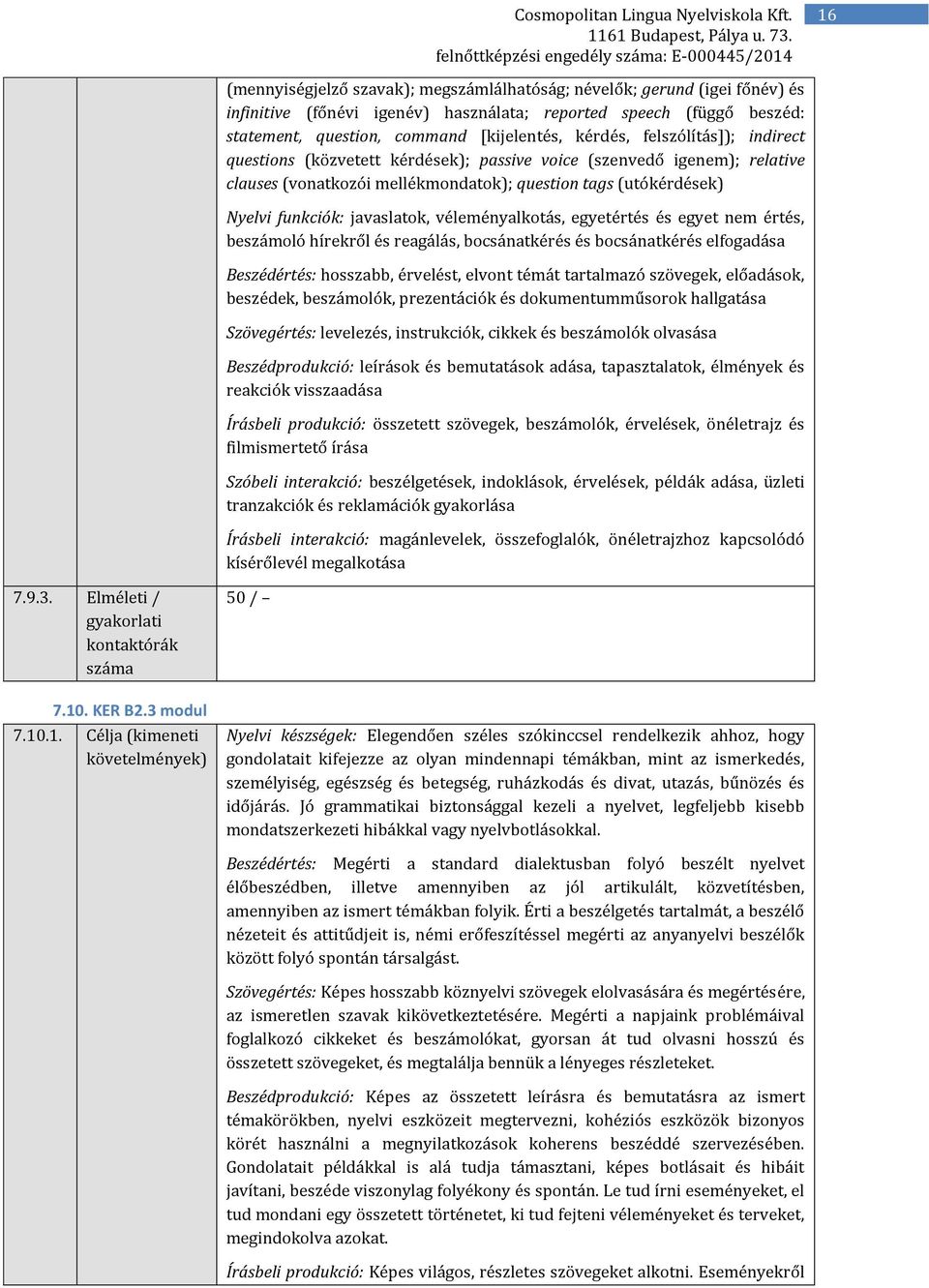 véleményalkotás, egyetértés és egyet nem értés, beszámoló hírekről és reagálás, bocsánatkérés és bocsánatkérés elfogadása Beszédértés: hosszabb, érvelést, elvont témát tartalmazó szövegek, előadások,