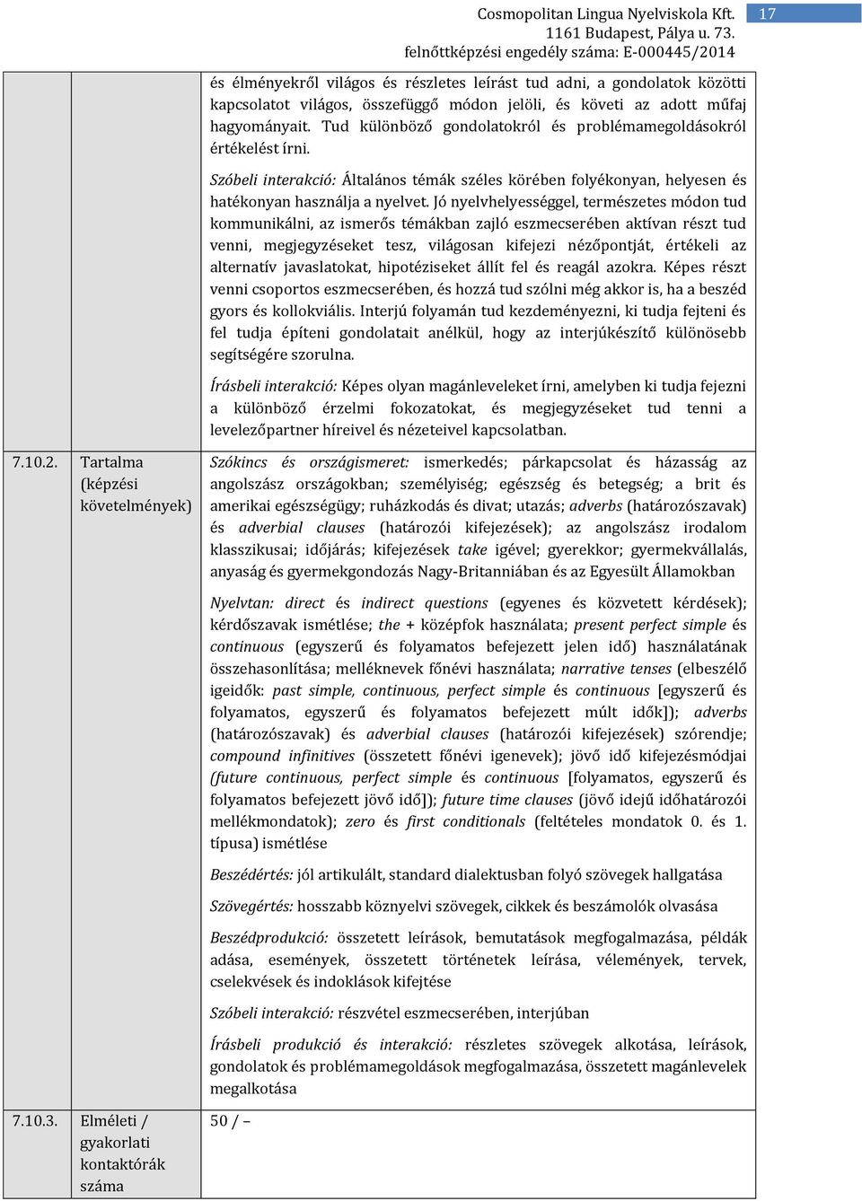 Jó nyelvhelyességgel, természetes módon tud kommunikálni, az ismerős témákban zajló eszmecserében aktívan részt tud venni, megjegyzéseket tesz, világosan kifejezi nézőpontját, értékeli az alternatív