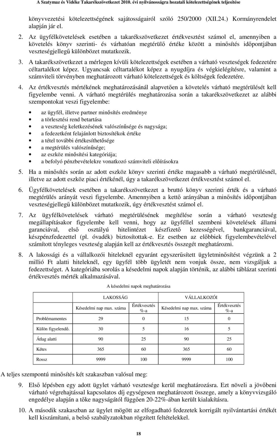 Az ügyfélkövetelések esetében a takarékszövetkezet értékvesztést számol el, amennyiben a követelés könyv szerinti- és várhatóan megtérülı értéke között a minısítés idıpontjában veszteségjellegő