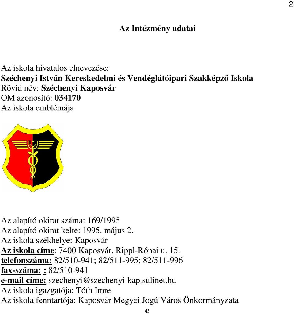 Az iskola székhelye: Kaposvár Az iskola címe: 7400 Kaposvár, Rippl-Rónai u. 15.