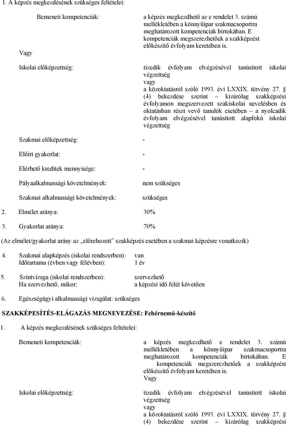 Iskolai előképzettség: tizedik évfolyam elvégzésével tanúsított iskolai végzettség vagy a közoktatásról szóló 1993. évi LXXIX. törvény 27.