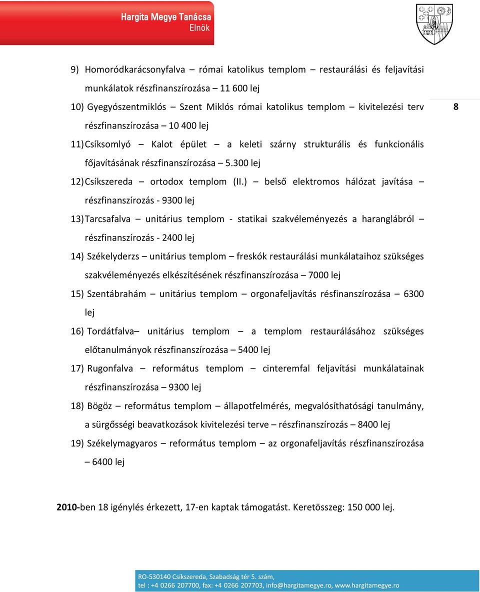 ) belső elektromos hálózat javítása részfinanszírozás - 9300 lej 13) Tarcsafalva unitárius templom - statikai szakvéleményezés a haranglábról részfinanszírozás - 2400 lej 14) Székelyderzs unitárius