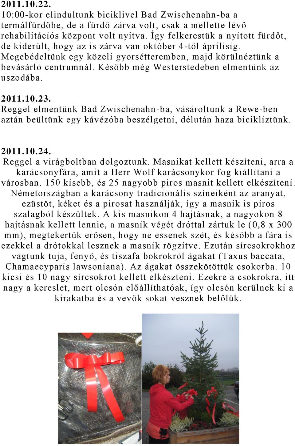 Később még Westerstedeben elmentünk az uszodába. 2011.10.23. Reggel elmentünk Bad Zwischenahn-ba, vásároltunk a Rewe-ben aztán beültünk egy kávézóba beszélgetni, délután haza bicikliztünk. 2011.10.24.