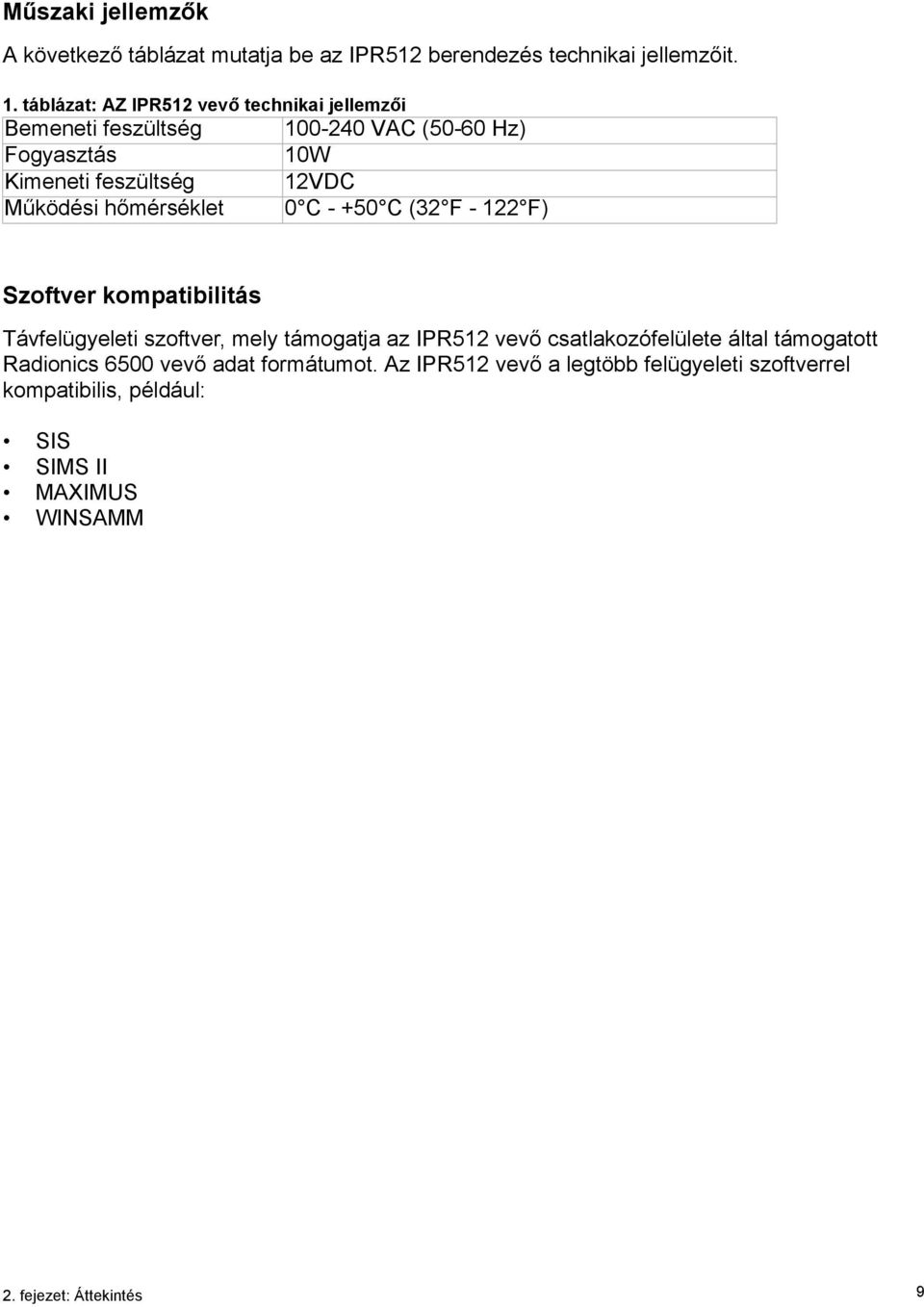 Hz) 10W 12VDC 0 C - +50 C (32 F - 122 F) Szoftver kompatibilitás Távfelügyeleti szoftver, mely támogatja az IPR512 vevő