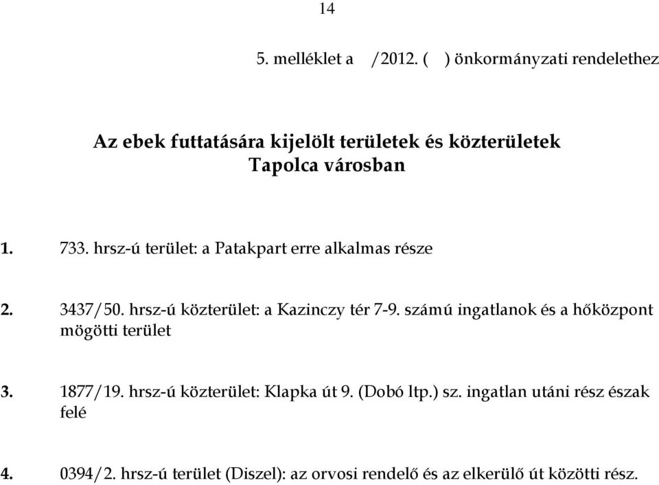 hrsz-ú terület: a Patakpart erre alkalmas része 2. 3437/50. hrsz-ú közterület: a Kazinczy tér 7-9.