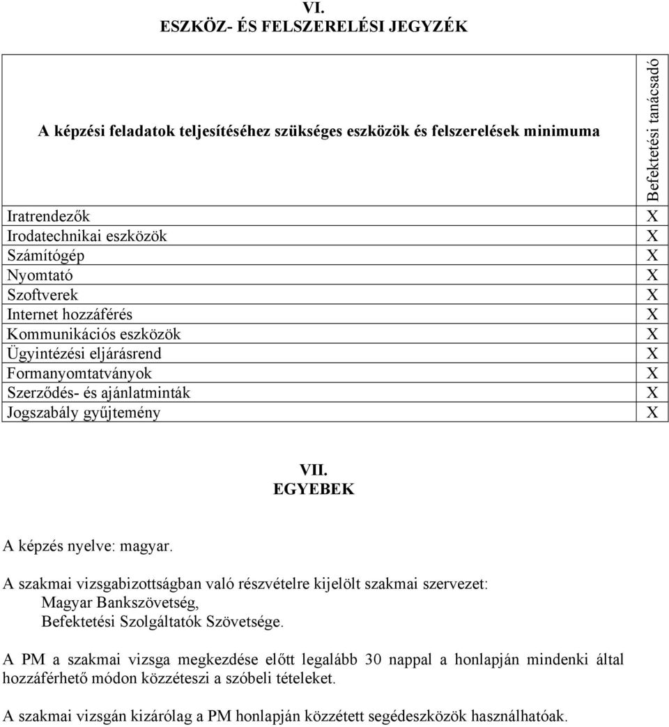 EGYEBEK képzés nyelve: magyar. szakmai vizsgabizottságban való részvételre kijelölt szakmai szervezet: Magyar Bankszövetség, Befektetési Szolgáltatók Szövetsége.