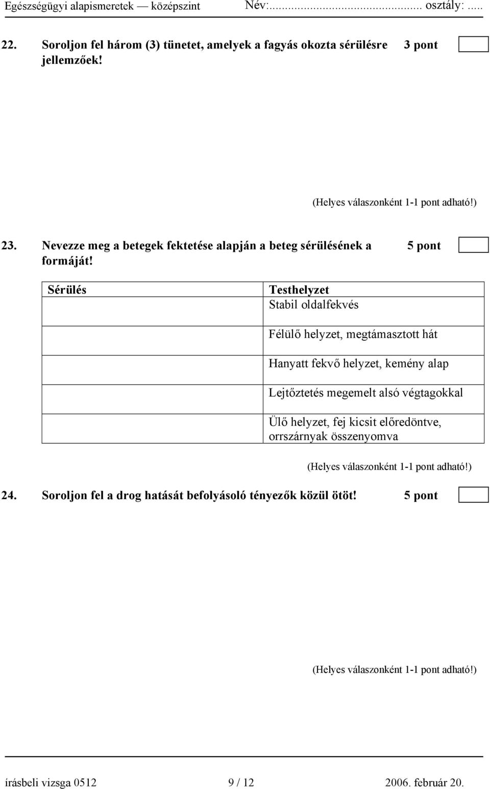 Sérülés Testhelyzet Stabil oldalfekvés Félülő helyzet, megtámasztott hát Hanyatt fekvő helyzet, kemény alap Lejtőztetés