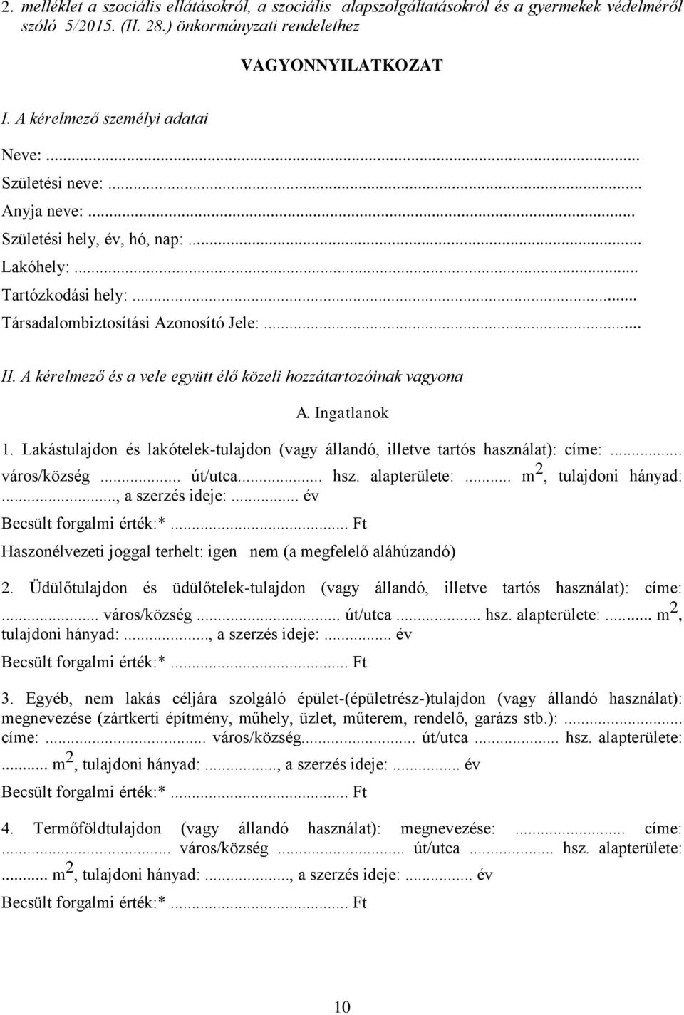 A kérelmező és a vele együtt élő közeli hozzátartozóinak vagyona A. Ingatlanok 1. Lakástulajdon és lakótelek-tulajdon (vagy állandó, illetve tartós használat): címe:... város/község... út/utca... hsz.