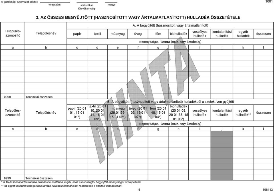 egy tizedesig) a b c d e f g h i j k l papír (20 01 01, 15 01 01*) textil (20 01 10, 20 01 11, 15 01 09*) B.