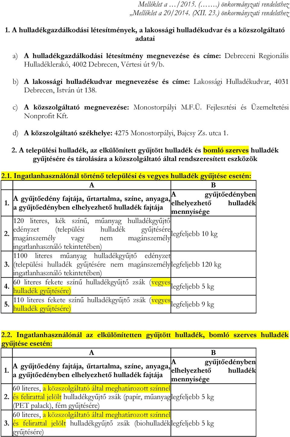 Debrecen, Vértesi út 9/b. b) A lakossági hulladékudvar megnevezése és címe: Lakossági Hulladékudvar, 4031 Debrecen, István út 138. c) A közszolgáltató megnevezése: Monostorpályi M.F.Ü.