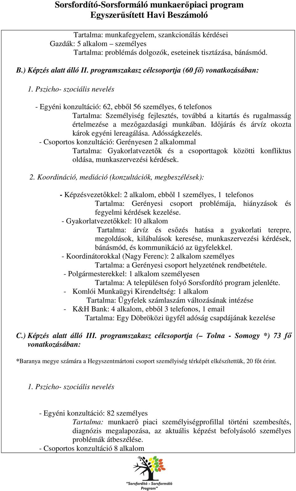 Pszicho- szociális nevelés - Egyéni konzultáció: 62, ebből 56 személyes, 6 telefonos Tartalma: Személyiség fejlesztés, továbbá a kitartás és rugalmasság értelmezése a mezőgazdasági munkában.