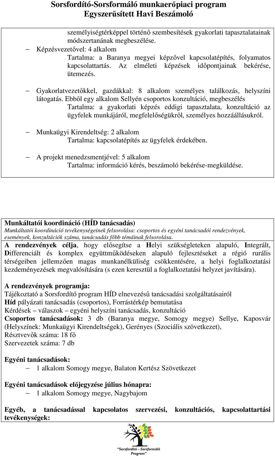 Gyakorlatvezetőkkel, gazdákkal: 8 alkalom személyes találkozás, helyszíni látogatás.