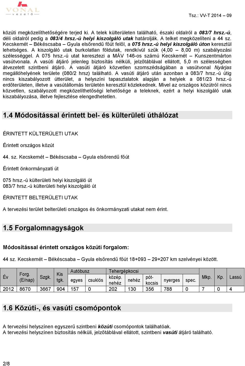 A kiszolgáló utak burkolatlan földutak, rendkívül szűk (4,00 8,00 m) szabályozási szélességgel. A 075 hrsz.-ú utat keresztezi a MÁV 146-os számú Kecskemét Kunszentmárton vasútvonala.