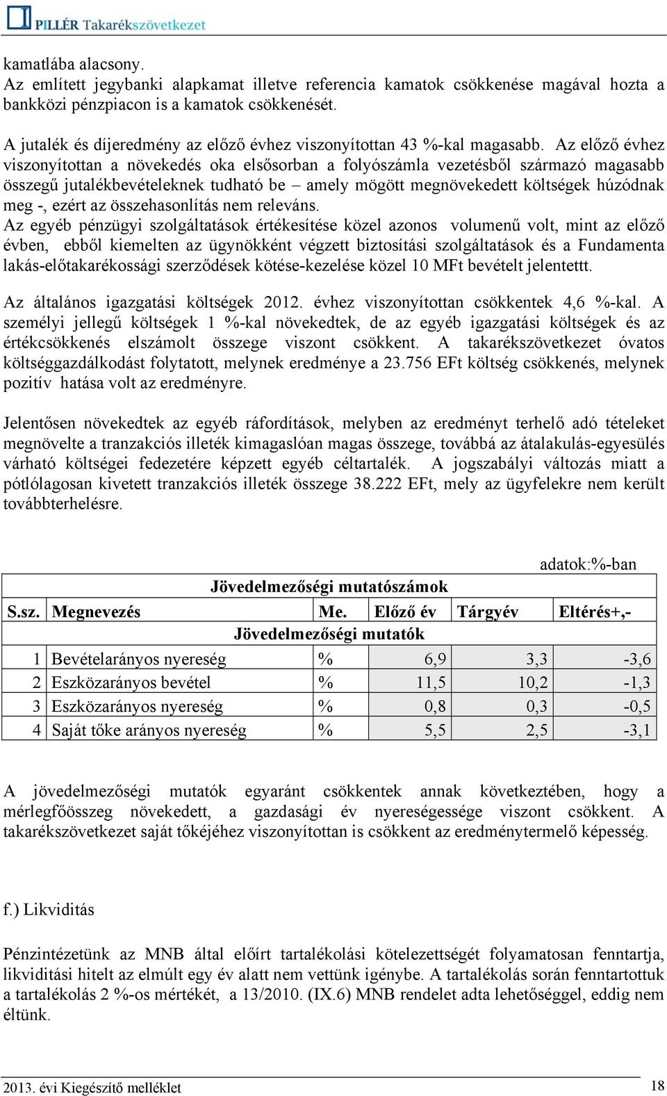 Az előző évhez viszonyítottan a növekedés oka elsősorban a folyószámla vezetésből származó magasabb összegű jutalékbevételeknek tudható be amely mögött megnövekedett költségek húzódnak meg -, ezért