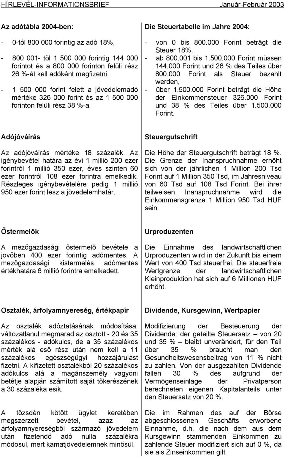 001 bis 1.500.000 Forint müssen 144.000 Forint und 26 % des Teiles über 800.000 Forint als Steuer bezahlt werden, - über 1.500.000 Forint beträgt die Höhe der Einkommensteuer 326.