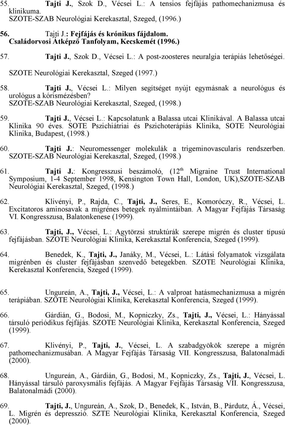 SZOTE-SZAB Neurológiai Kerekasztal, Szeged, (1998.) 59. Tajti J., Vécsei L.: Kapcsolatunk a Balassa utcai Klinikával. A Balassa utcai Klinika 90 éves.