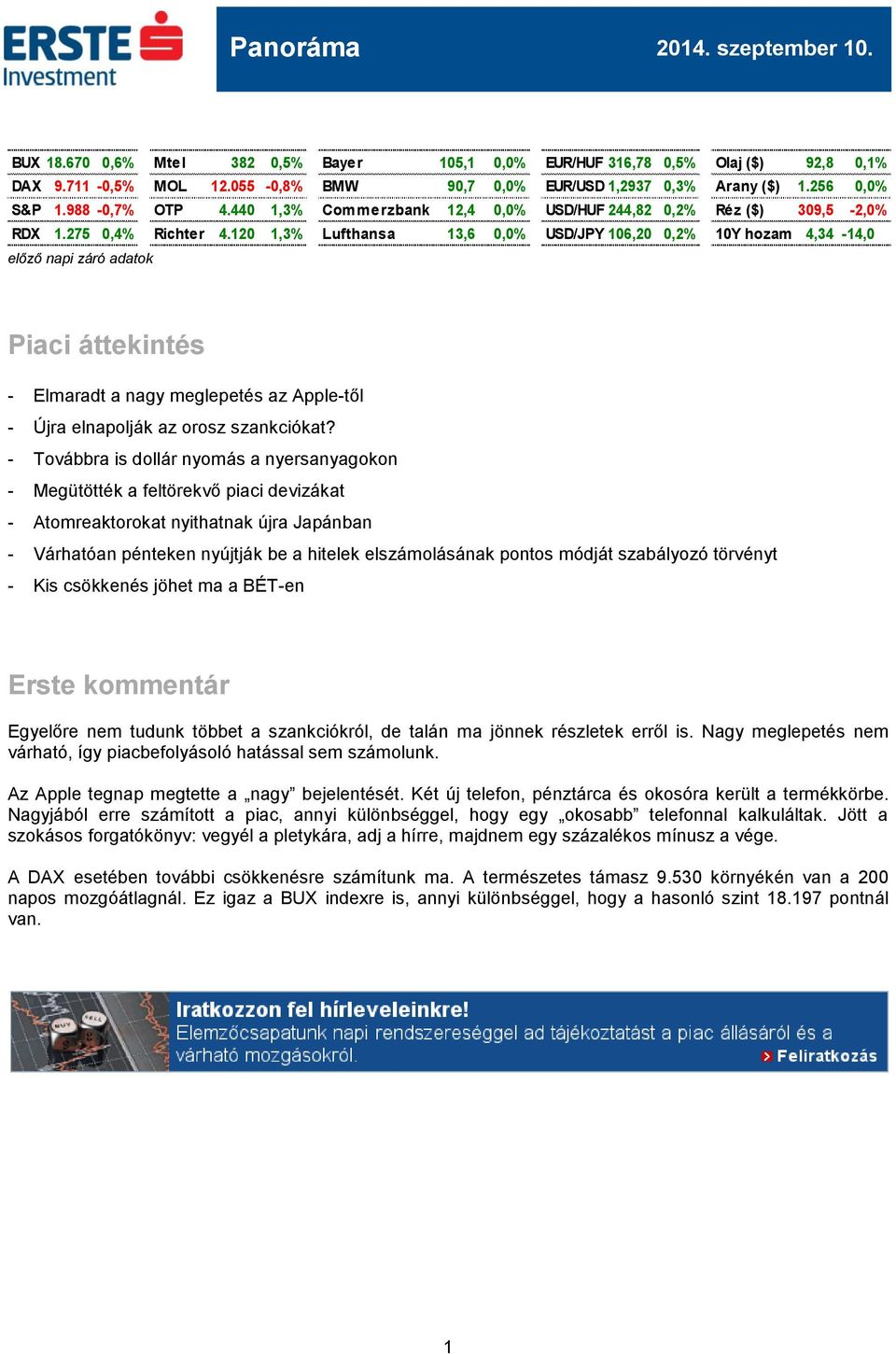 120 1,3% Lufthansa 13,6 0,0% USD/JPY 106,20 0,2% 10Y hozam 4,34-14,0 előző napi záró adatok Piaci áttekintés - Elmaradt a nagy meglepetés az Apple-től - Újra elnapolják az orosz szankciókat?