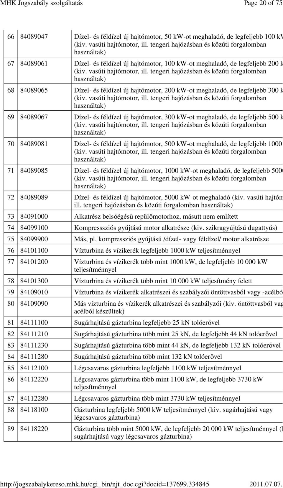 tengeri hajózásban és közúti forgalomban használtak) 68 84089065 Dízel- és féldízel új hajtómotor, 200 kw-ot meghaladó, de legfeljebb 300 kw (kiv. vasúti hajtómotor, ill.