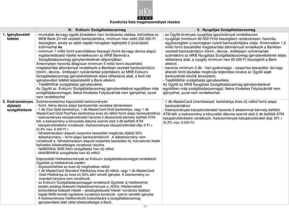 naptári hónapban legfeljebb 2 jóváírásból származhat és - minimum 7 millió forint szerzıdéses összegő (forint és/vagy deviza alapú) ingatlanfedezető hitellel rendelkezzen az MKB Banknál a