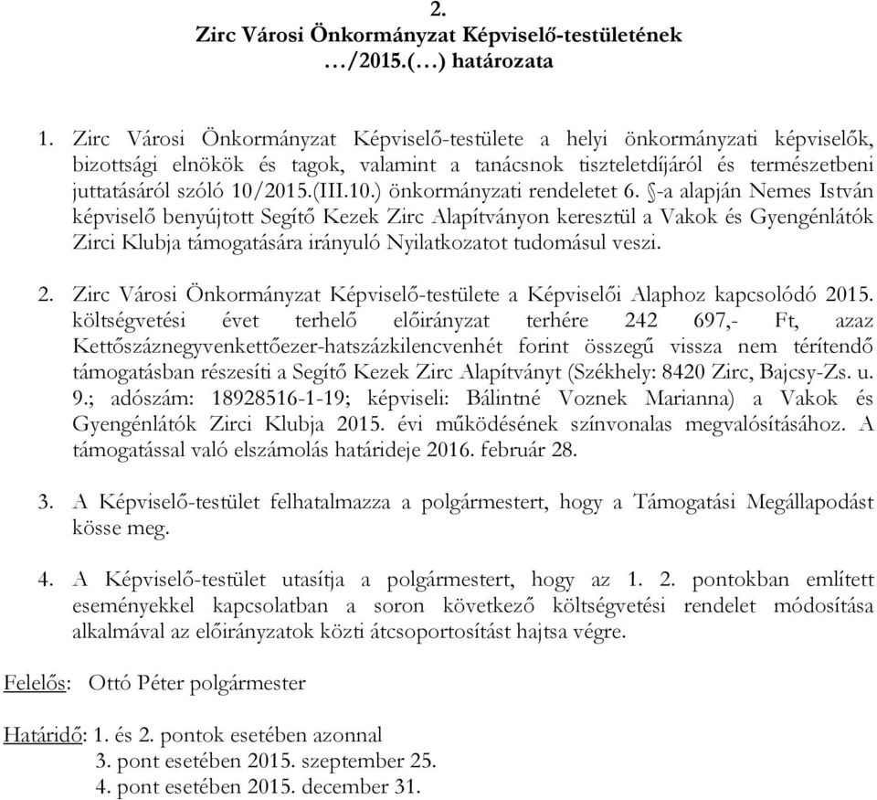 Zirc Városi Önkormányzat Képviselő-testülete a Képviselői Alaphoz kapcsolódó 2015.