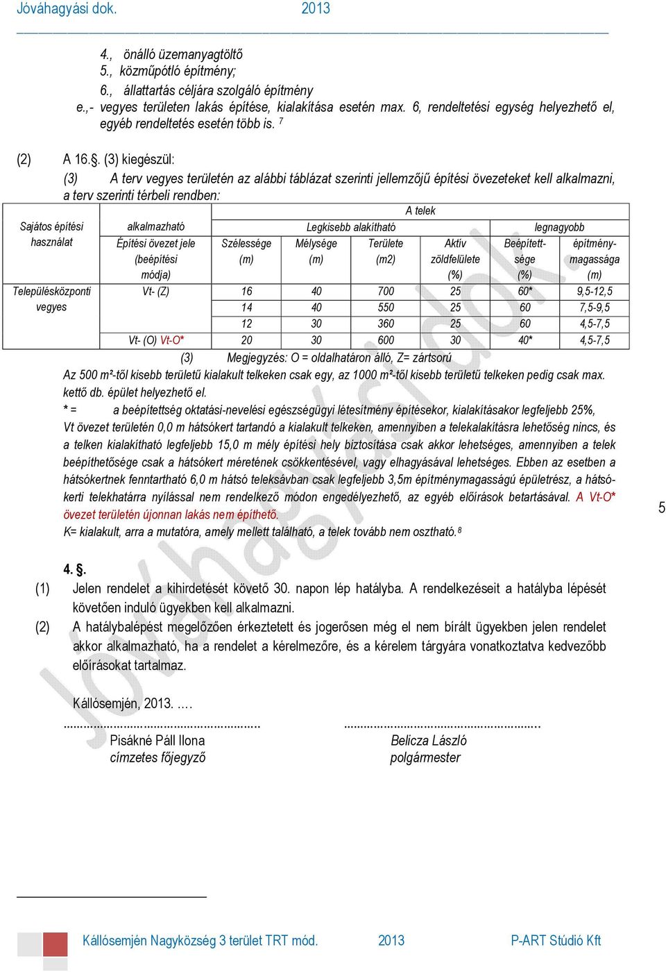 . (3) kiegészül: (3) A terv vegyes területén az alábbi táblázat szerinti jellemzıjő építési övezeteket kell alkalmazni, a terv szerinti térbeli rendben: A telek Sajátos építési használat alkalmazható