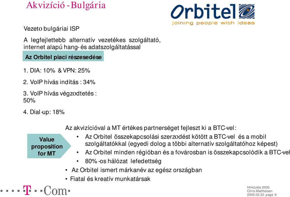 Dial-up: 18% Value proposition for MT Az akvizícióval a MT értékes partnerséget fejleszt ki a BTC-vel: Az Orbitel összekapcsolási szerzodést kötött a BTC-vel és a mobil