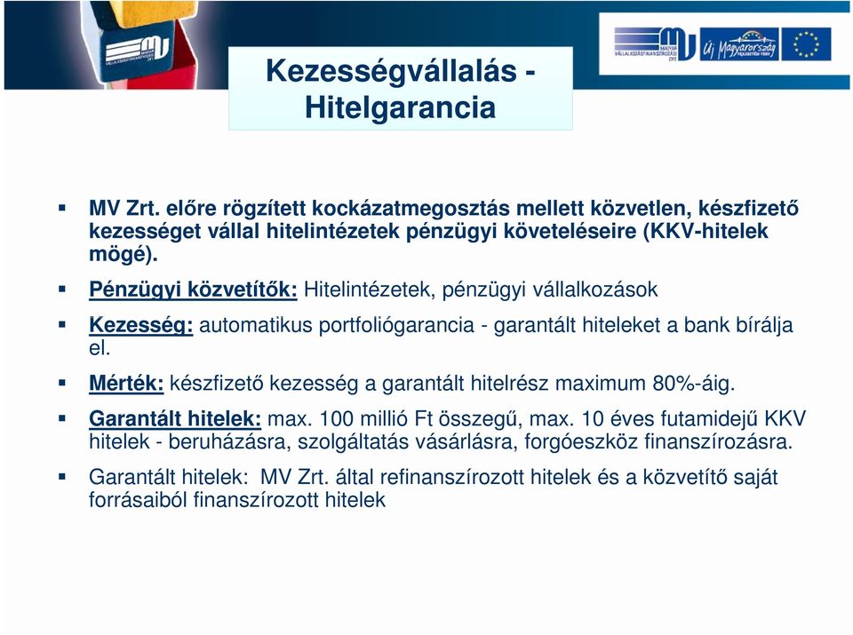 Pénzügyi közvetítők: Hitelintézetek, pénzügyi vállalkozások Kezesség: automatikus portfoliógarancia - garantált hiteleket a bank bírálja el.