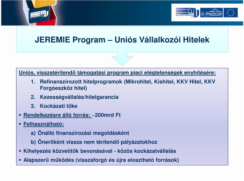 Kockázati tőke Rendelkezésre álló forrás: ~200mrd Ft Felhasználható: a) Önálló finanszírozási megoldásként b) Önerőként vissza