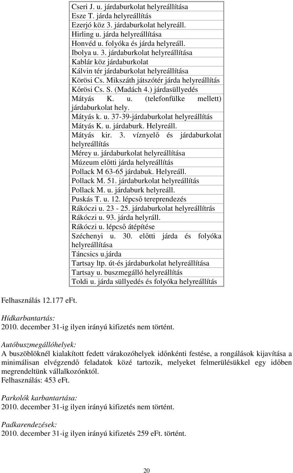 (Madách 4.) járdasüllyedés Mátyás K. u. (telefonfülke mellett) járdaburkolat hely. Mátyás k. u. 37-39-járdaburkolat helyreállítás Mátyás K. u. járdaburk. Helyreáll. Mátyás kir. 3. víznyelı és járdaburkolat helyreállítás Mérey u.