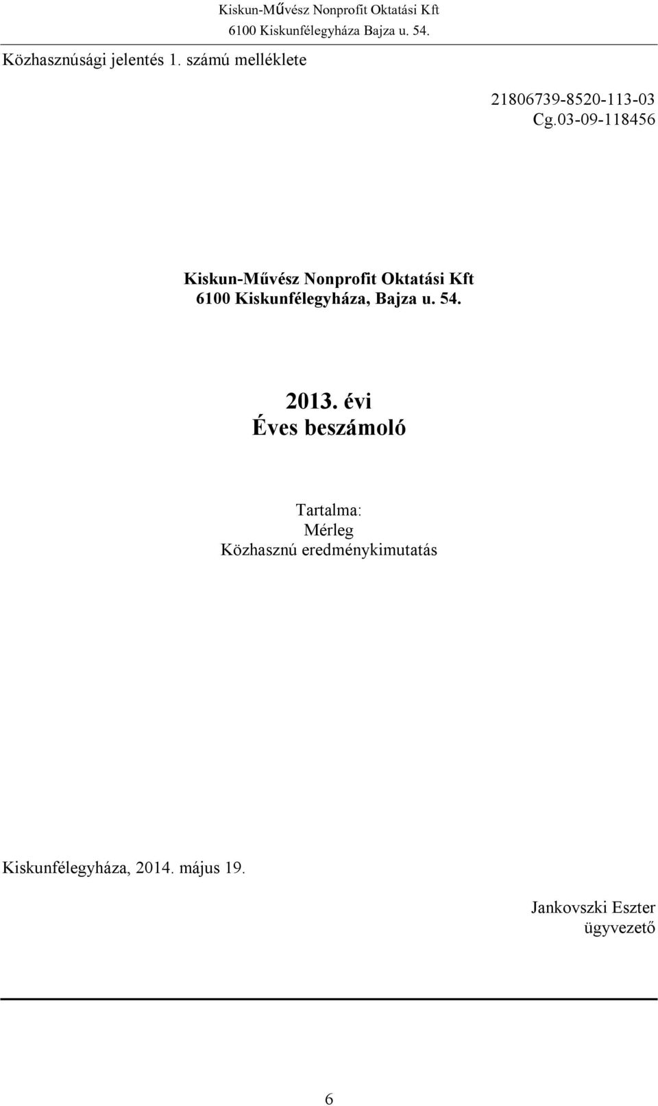 03-09-118456 Kiskun-Művész Nonprofit Oktatási Kft 6100 Kiskunfélegyháza, Bajza u.