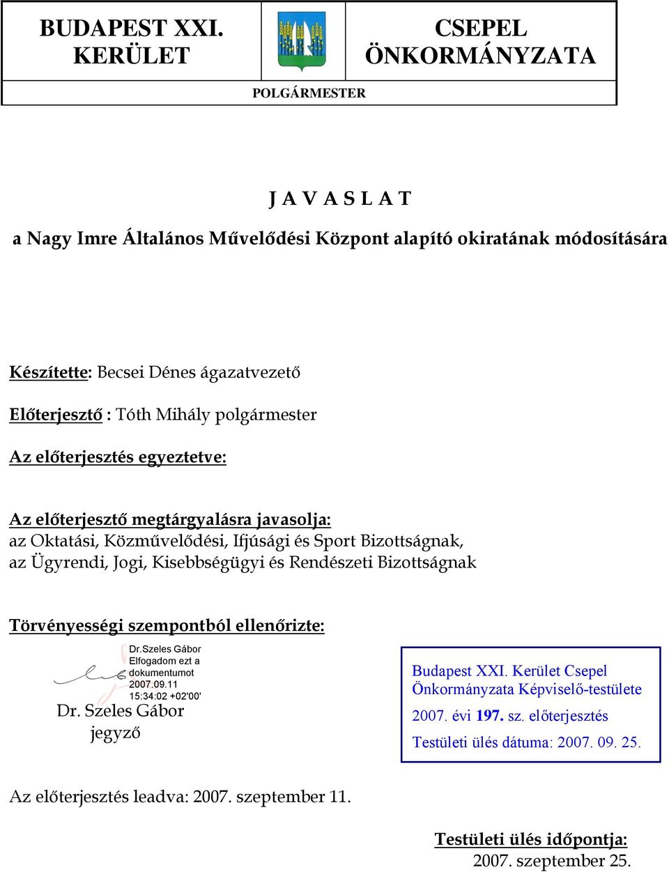 Előterjesztő : Tóth Mihály polgármester Az előterjesztés egyeztetve: Az előterjesztő megtárgyalásra javasolja: az Oktatási, Közművelődési, Ifjúsági és Sport Bizottságnak, az