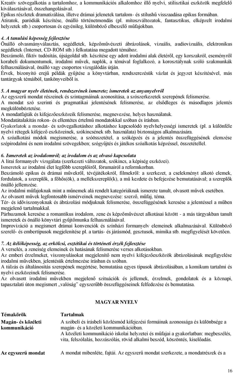 mítoszváltozatok, fantasztikus, elképzelt irodalmi helyzetek stb.) csoportosan és egyénileg, különböző elbeszélő műfajokban. 4.