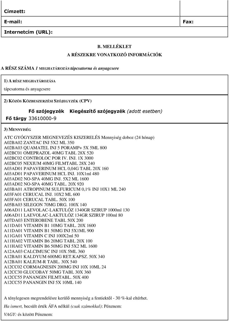 33610000-9 3) MENNYISÉG ATC GYÓGYSZER MEGNEVEZÉS KISZERELÉS Mennyiség doboz (24 hónap) A02BA02 ZANTAC INJ 5X2 ML 350 A02BA03 QUAMATEL INJ 5 PORAMP+ 5X 5ML 800 A02BC01 OMEPRAZOL 40MG TABL 28X 520