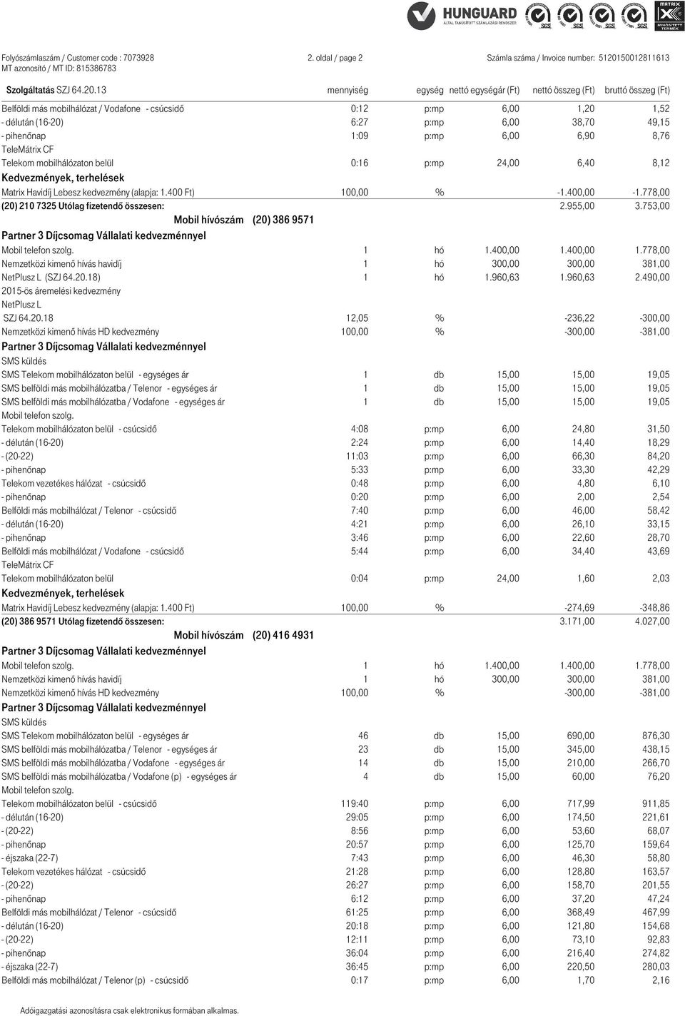 p:mp 6,00 6,90 8,76 Telekom mobilhálózaton belül 0:16 p:mp 24,00 6,40 8,12 Matrix Havidíj Lebesz kedvezmény (alapja: 1.400 Ft) 100,00 % -1.400,00-1.778,00 (20) 210 7325 Utólag fizetendő összesen: 2.