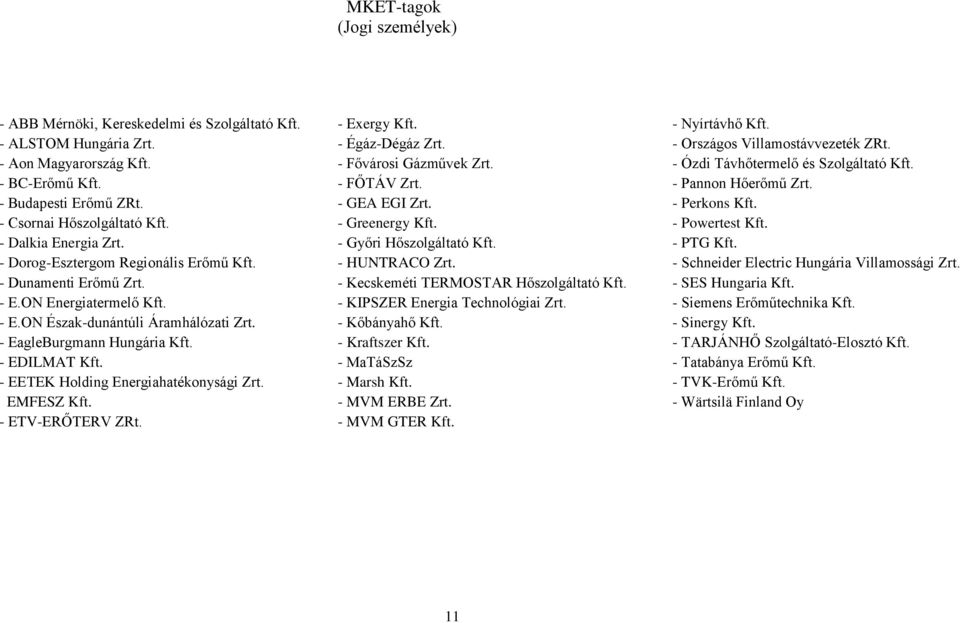 - EETEK Holding Energiahatékonysági Zrt. EMFESZ Kft. - ETV-ERŐTERV ZRt. - Exergy Kft. - Égáz-Dégáz Zrt. - Fővárosi Gázművek Zrt. - FŐTÁV Zrt. - GEA EGI Zrt. - Greenergy Kft. - Győri Hőszolgáltató Kft.