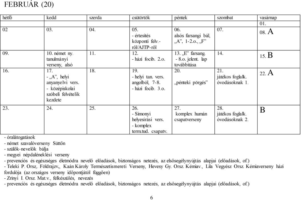 csapatv. 6 13. E farsang. - 8.o. jelent. lap továbbítása 20. pénteki pörgés komplex humán csapatverseny 14. 21. játékos foglalk. óvodásoknak 1. játékos foglalk. óvodásoknak 2.