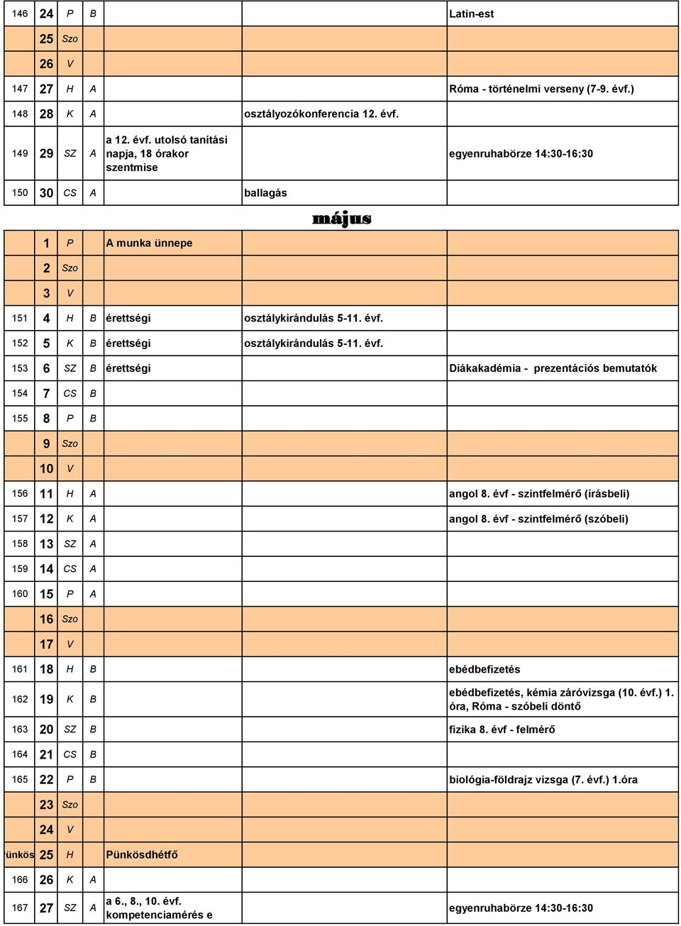 149 29 SZ A a 12. évf. utolsó tanítási napja, 18 órakor szentmise egyenruhabörze 14:30-16:30 150 30 CS A ballagás 1 P A munka ünnepe május 2 Szo 3 V 151 4 H B érettségi osztálykirándulás 5-11. évf. 152 5 K B érettségi osztálykirándulás 5-11.